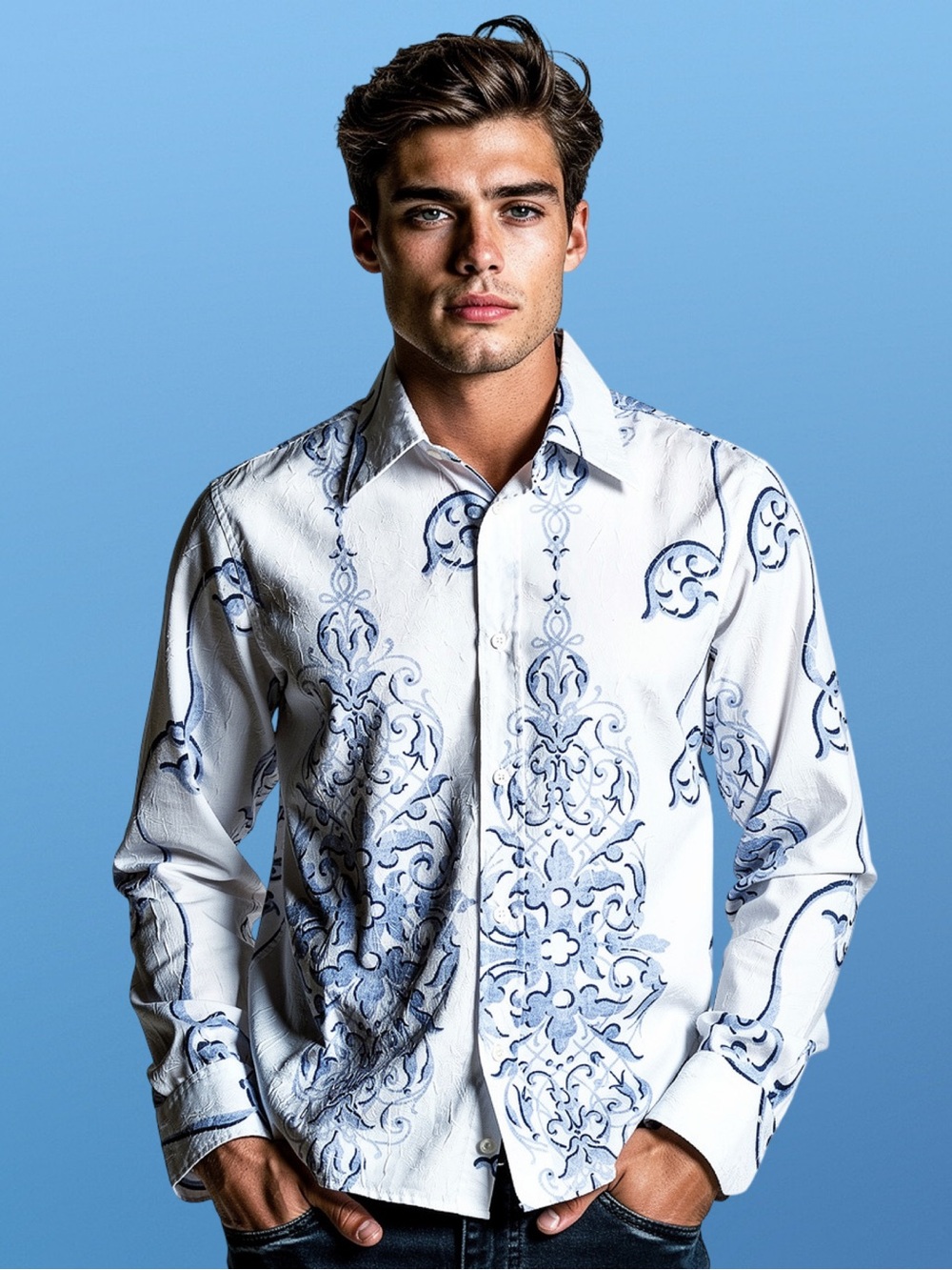 Chameleon Men’s Size Large Blue White Baroque Damask Medallion Button Down Shirt